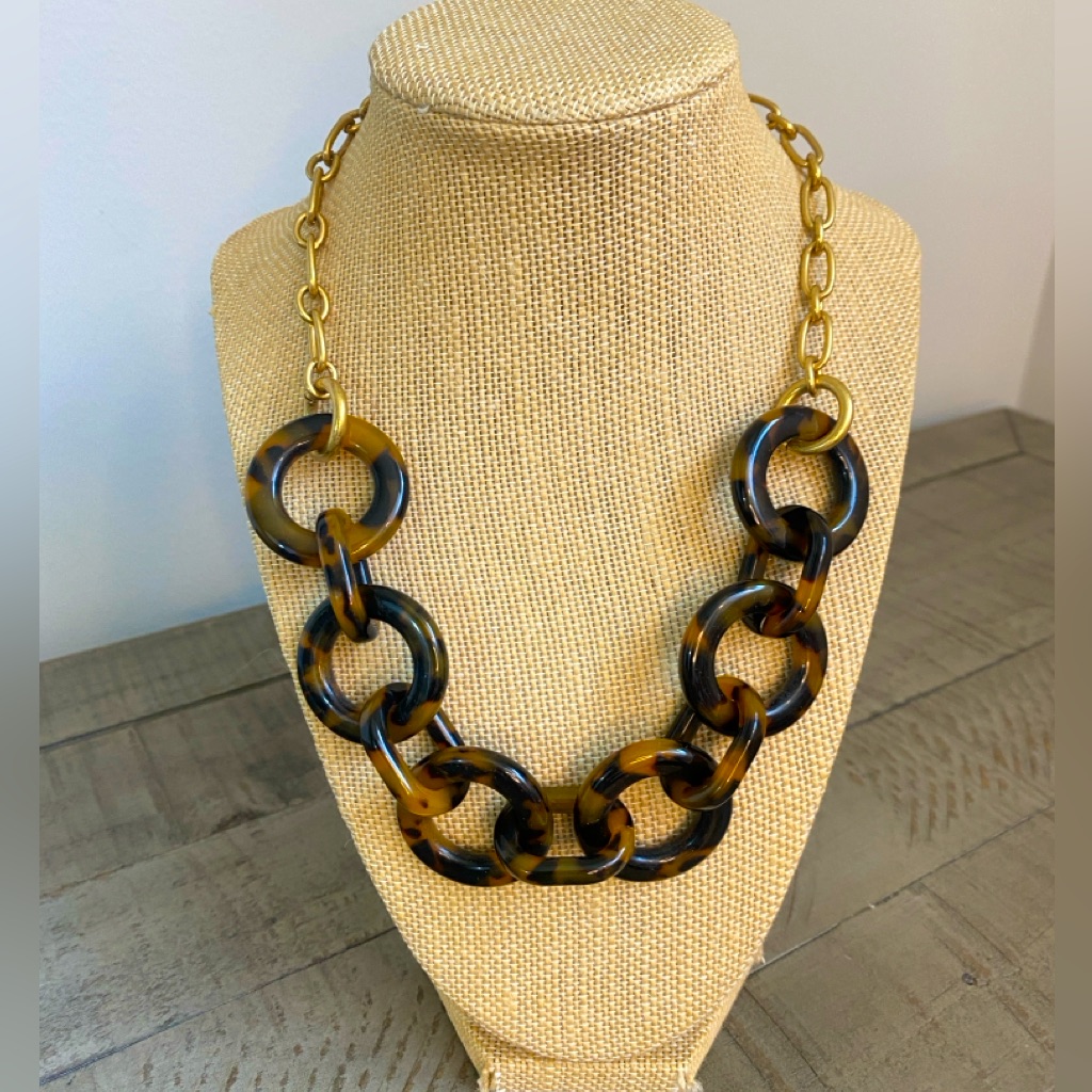 J. Crew Tortoise Shell Acrylic Link Loops Gold Tone Chain Statement Necklace 18â